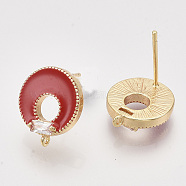 Real 18K Gold Plated Brass Enamel Stud Earring Findings, with Cubic Zirconia and Loop, Nickel Free, Flat Round, Clear, Red, 13.5x11.5mm, Hole: 0.9mm, Pin: 0.8mm(KK-T038-575B-G-NF)