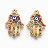 304 Stainless Steel Pendants, with Colorful Rhinestone and Enamel, Hamsa Hand/Hand of Fatima/Hand of Miriam with Evil Eye, Golden, 24x15x3.5mm, Hole: 1.6mm(STAS-T050-016G)