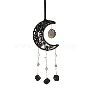Natural Agate Wind Chime, with Glass Beads and Iron Ring, Moon, 350mm(HJEW-P015-02)