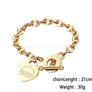 Stainless Steel Love Heart Charm Bracelets for Women, Golden, 8-1/4 inch(21cm)(CI7367-1)