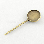 Iron Hair Bobby Pin Findings, with Brass Tray, Antique Bronze, Tray: 20mm, 55x2x22mm(MAK-S007-20mm-FN001AB)