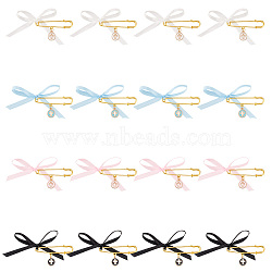 4Pcs 4 Color Satin Ribbon Bowknot & Alloy Enamel Cross Charms Safety Pin Brooches, Golden Iron Lapel Pins for Shawl Clips Waist Paints Extender, Mixed Color, 30mm, 4 color, 1Pc/color(JEWB-AB00014)