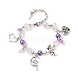 Alloy Heart & Fairy Charm Bracelets, Acrylic & ABS Plastic Pearl Beaded Bracelet for Women, Blue Violet, 7 inch(17.7cm)(BJEW-JB09307)