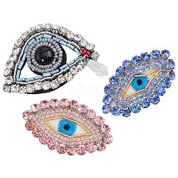 3Pcs 3 Styles Evil Eye Non-woven Fabrics Cloth Sew on Appliques, Glass Rhinestone Appliques, Costume Accessories, Mixed Color, 33~51x54~61x6.5mm,  1pc/style(PATC-GF0001-03)