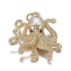 Brass Micro Clear & Black Cubic Zirconia Pendants, Long-Lasting Plated, Octopus Shape, Real 18K Gold Plated, 22x21x7mm, Hole: 3.6mm(X-ZIRC-F120-067G)