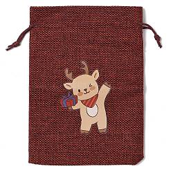 Christmas Theme Jute Cloth Storage Bags, Rectangle Drawstring Bags, FireBrick, Deer, 18x13x0.4cm(ABAG-F010-01B-01)