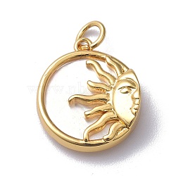 Natural Shell Pendants, with Brass Findings & Jump Ring, Long-Lasting Plated, Flat Round with Sun, Real 18K Gold Plated, 18x15.5x4mm, Jump Ring: 5x1mm, 3mm Inner Diameter(KK-L188-38G)