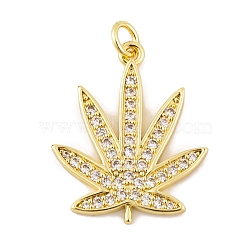 Rack Plating Brass Micro Pave Cubic Zirconia Pendants, with Jump Rings, Long-Lasting Plated, Lead Free & Cadmium Free, Golden, Leaf, Clear, 25x20x2mm, Hole: 3mm(KK-K367-05G-02)