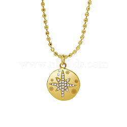 Stainless Steel Rhinestone Flat Round with Star Pendant Necklaces, Ball Chain Necklace for Women, Real 18K Gold Plated, 16-1/2 inch(42cm)(NS9570-1)