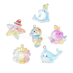 Transparent Resin with Alloy Pendants, Ocean Series Charms, Platinum, Mixed Color, 23.5~33x16.5~30x6.5~8.5mm, Hole: 2mm(RE-CBA14F0-07)