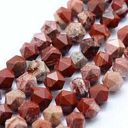Natural Red Jasper Beads Strands, Star Cut Round Beads, Faceted, 8~8.5mm, Hole: 1mm, about 48~50pcs/strand, 14.9~15.1 inch(38~38.5cm)(G-F523-12-8mm)