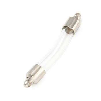 Transparent Glass Vial Pendant Normal Link Connectors, Curved Tube Openable Wish Bottle with Brass & Stainless Steel Findings for Jewelry Making, Stainless Steel Color, 48x7mm, Hole: 1.8mm
