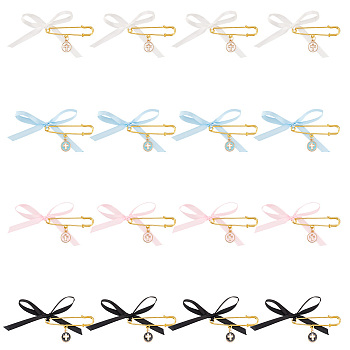 4Pcs 4 Color Satin Ribbon Bowknot & Alloy Enamel Cross Charms Safety Pin Brooches, Golden Iron Lapel Pins for Shawl Clips Waist Paints Extender, Mixed Color, 30mm, 4 color, 1Pc/color