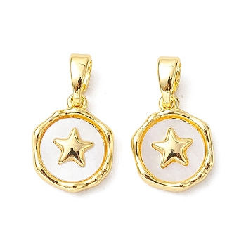 Rack Plating Brass Pave Shell Flat Round Charms with Star, Seashell Color, Real 18K Gold Plated, 12.5x10x3mm, Hole: 5x2.8mm