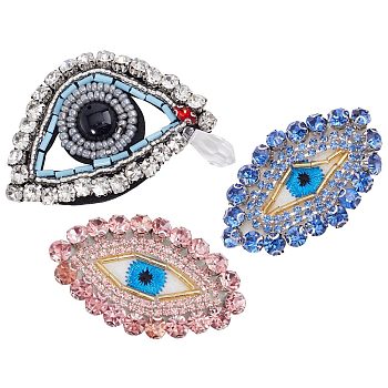 3Pcs 3 Styles Evil Eye Non-woven Fabrics Cloth Sew on Appliques, Glass Rhinestone Appliques, Costume Accessories, Mixed Color, 33~51x54~61x6.5mm,  1pc/style