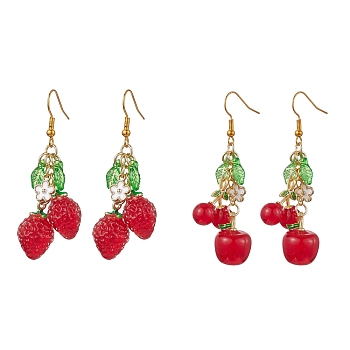 2 Pairs 2 Style Cherry & Strawberry Glass Dangle Earrings, Cluster Earrings, Red, 55~60x12.5~13.5mm, 1 Pair/style