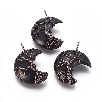Natural Obsidian Tree of Life Wire Wrapped Pendants, with Brass Findings, Crescent Moon, Red Copper, 44~46x26~32x12.5mm, Hole: 6.5x4.5mm