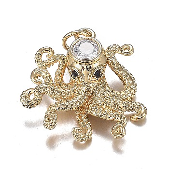 Brass Micro Clear & Black Cubic Zirconia Pendants, Long-Lasting Plated, Octopus Shape, Real 18K Gold Plated, 22x21x7mm, Hole: 3.6mm