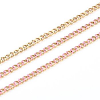 Handmade 304 Stainless Steel Enamel Curb Chains,Golden, with Spool, Unwelded, Long-Lasting Plated, Oval, Pearl Pink, 5x4x1.5mm, , 32.8 Feet(10m)/roll