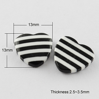 Striped Resin Cabochons, Heart, Black, 13x13x2.5~3.5mm