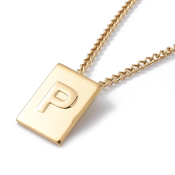 Titanium Steel Initial Letter Rectangle Pendant Necklace for Men Women, Golden, Letter.P, 18.11~18.5 inch(46~47cm)