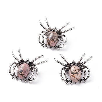 Natural Rhodonite Brooch, with Alloy Findings and Glass, Spider, Antique Silver, 34~35x41~42x7mm, Hole: 3x5mm