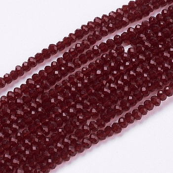 Transparent Glass Beads Strands, Faceted, Rondelle, Dark Red, 3x2mm, Hole: 0.8mm, about 185~190pcs/strand, 15.5~16 inch(39.3~40.6cm)
