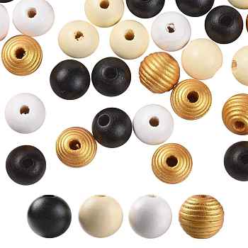 160 Pcs 4 Colors Bee Honey Color Painted Natural Wood Round Beads, for DIY Craft, with Waterproof Vacuum Packing, Old Lace & Black & White & Goldenrod, 16mm, Hole: 4mm, 40pcs/color