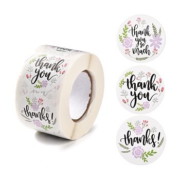 1.5 Inch Self-Adhesive Stickers, Roll Sticker, Flat Round with Flowers & Word Thank You, for Party Decorative Presents, Colorful, 3.8cm, 500pcs/roll
