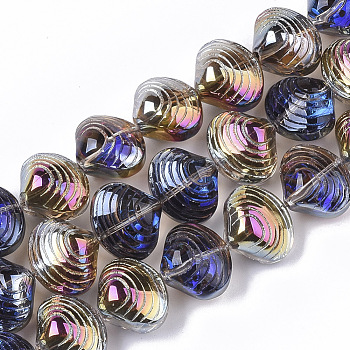 Electroplate Glass Beads Strands, Shell Shape, Blue, 12x14.5x10mm, Hole: 1mm, about 50~51pcs/Strand, 24.41 inch(62cm)