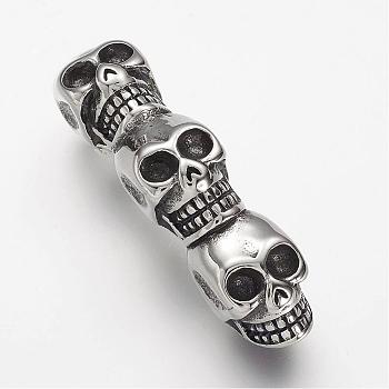 304 Stainless Steel Slide Charms, Skull, Antique Silver, 48.5x11x20mm, Hole: 6mm