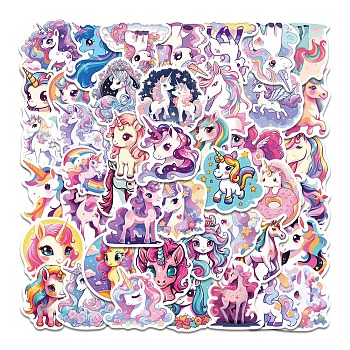 50Pcs Unicorn PVC Waterproof Self-Adhesive Stickers, Cartoon Stickers, for Party Decorative Presents, Mixed Color, 40~70mm