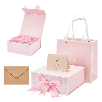 BENECREAT 1set Paper Jewelry Boxes and Paper Bags, with bowknot, with 20g Raffia Crinkle Cut Paper Shred Filler & 1set Leaf Pattern Kraft Envelopes and Greeting Cards Set, Pink, 20x18x9.2cm