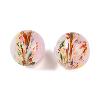 Handmade Lampwork Beads, Round with Flower, Two Tone, Misty Rose, 12x12~12.5mm, Hole: 1.2~1.6mm