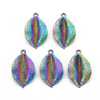 Rainbow Color Alloy Pendants, Cadmium Free & Nickel Free & Lead Free, Leaf, 35x20.5x4.5mm, Hole: 2.5mm