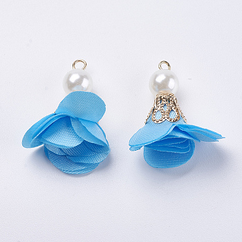 Nylon Pendant Decorations, with Iron Findings, and Acrylic Pearl Beads, Flower, Light Gold, Light Blue, 30x27mm, Hole: 2mm