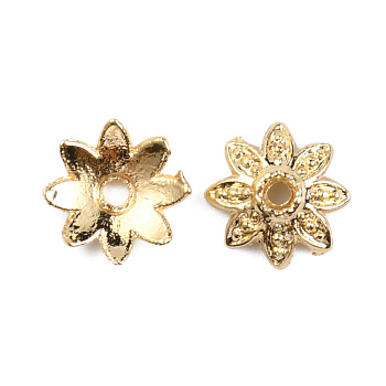 Brass Bead Caps, Multi-Petal, Long-lasting, Flower, Real 14K Gold Plated, 7x7x2mm, Hole: 1.2mm