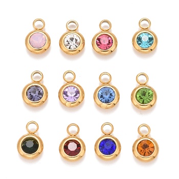 Ion Plating(IP) 304 Stainless Steel Pendants, with K9 Rhinestone, Flat Round, Mixed Color, 12x8x4mm, Hole: 2.5mm