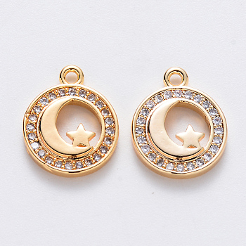 Brass Micro Pave Cubic Zirconia Charms, Nickel Free, Flat Round with Moon and Star, Real 18K Gold Plated, 14x11.5x2.5mm, Hole: 1mm
