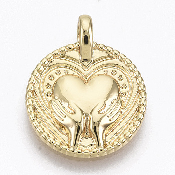 Brass Pendants, Nickel Free, Flat Round, Hands Hold Heart, for Mother's Day, Real 18K Gold Plated, 21x17x4.5mm, Hole: 2.8mm