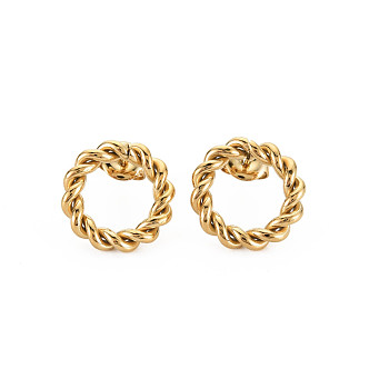 Ion Plating(IP) 304 Stainless Steel Twist Rope Ring Stud Earrings for Woman, Real 14K Gold Plated, 16mm, Pin: 0.7mm