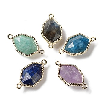 Natural Mixed Gemstone Connector Charms, Faceted Hexagon Links with Golden Plated Brass Edge Loops, 25x13x6.5~7mm, Hole: 1.6~2mm