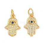Brass Micro Pave Cubic Zirconia Charms, Hamsa Hand Charms, Rack Plating, Long-Lasting Plated, Cadmium Free & Lead Free, Real 18K Gold Plated, Marine Blue, 14x9.5x2mm, Hole: 3.5mm(CU-CBAB719-04G-D)