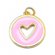 Brass Enamel Pendants, Round with Cut Out Heart, Real 18K Gold Plated, Long-Lasting Plated, Pink, 18x15.5x1mm, Hole: 3mm, Jump rings: 5x0.7mm(KK-M207-D02-06)