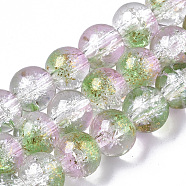 Transparent Spray Painted Crackle Glass Bead Strands, with Golden Foil, Round, Spring Green, 8~9mm, Hole: 1.2~1.5mm, about 46~56pcs/Strand, 14.37 inch~16.3 inch(36.5~41.4cm)(GLAA-N035-03C-A01)