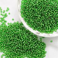 6/0 Transparent Glass Round Seed Beads, Grade A, Silver Lined, Green, 3.6~4.0mm, Hole: 1.2mm, about 5000pcs/pound(SEED-J010-F6-27B)