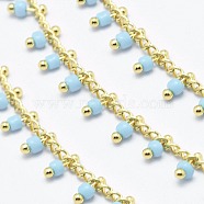 Handmade Glass Beaded Chains, Soldered, with Spool, Brass Chain, Golden, Long-Lasting Plated, Light Sky Blue, 6x2mm, Chain: about 2mm wide, about 32.8 Feet(10m)/roll(CHC-I026-H-01G)