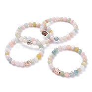 Natural Morganite Round Beads Stretch Bracelet for Teen Girl Women, Buddha Head Alloy Beads Bracelet, Mixed Color, Inner Diameter: 2-3/8 inch(5.9cm)(BJEW-JB07061)