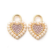Alloy Rhinestone Pendants, with ABS Plastic Imitation Pearl Beads, Golden Tone Heart Charms, Light Rose, 18x14x3mm, Hole: 4x4mm(ALRI-K048-03C)