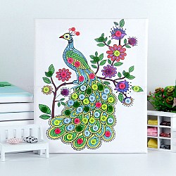 Creative DIY Peacock Pattern Resin Button Art, with Canvas Painting Paper and Wood Frame, Educational Craft Painting Sticky Toys for Kids, Green, 30x25x1.3cm(DIY-Z007-36)